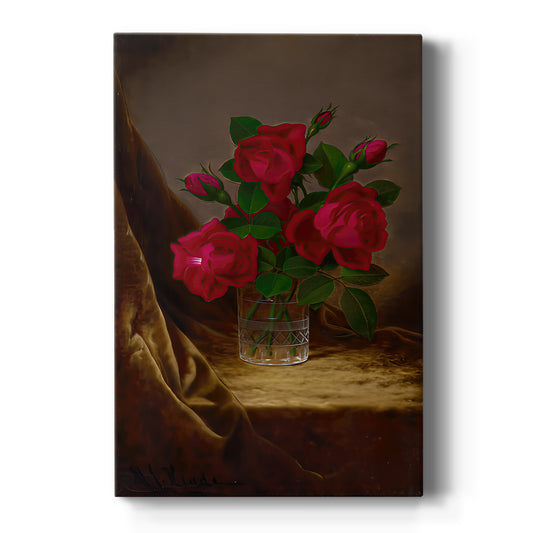Canvas art print featuring a still life of red roses arranged against a dark background with soft light on a clean white background.