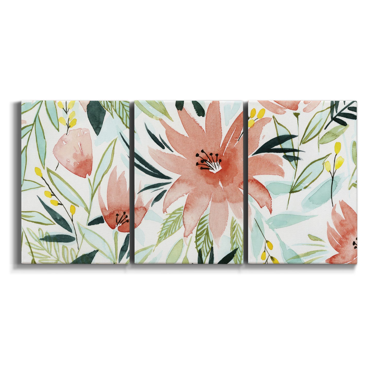 Three-panel canvas wall art featuring tropical botanical collage on white background.