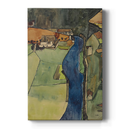 Canvas art print featuring an expressionist cityscape with clustered buildings along a winding river on a clean white background.