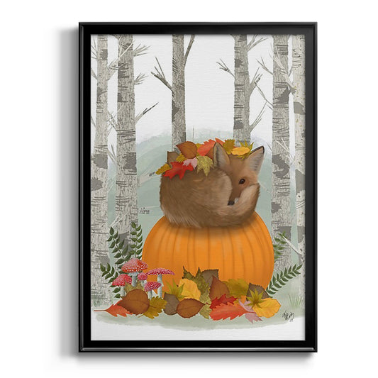 Fox Curled on Pumpkin - Modern Framed Canvas Print