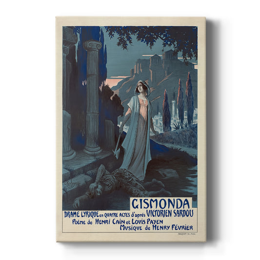 Canvas art print featuring an Art Nouveau poster of a woman in ornate dress with decorative framing on a clean white background.
