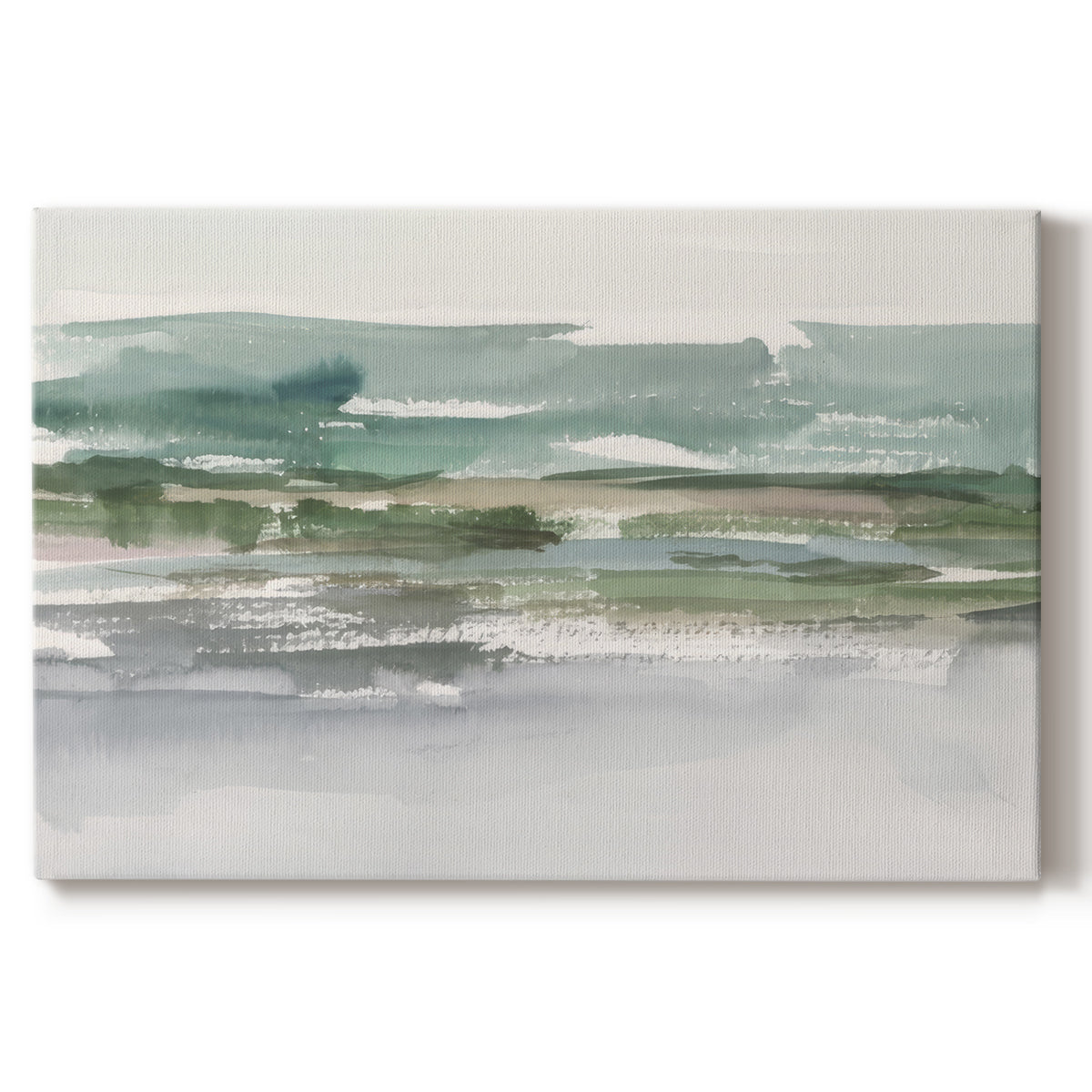 Abstract landscape depicting serene water and rolling hills under soft, muted tones capturing peaceful natural beauty