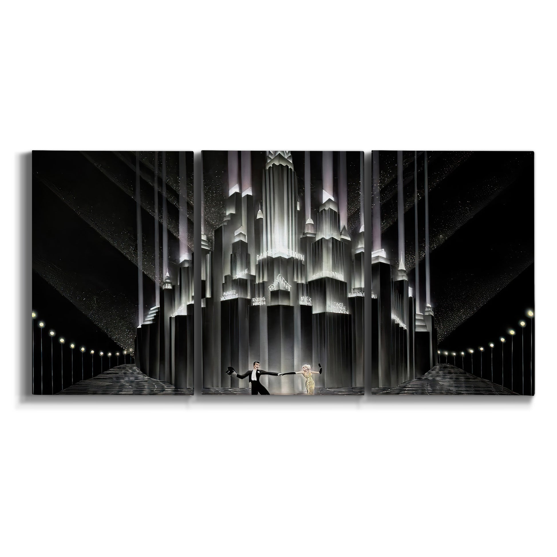 Three-panel canvas wall art featuring vintage city scene with figures on white background.