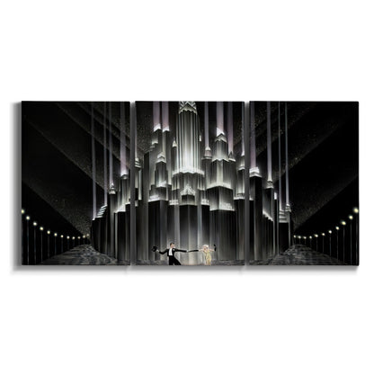 Three-panel canvas wall art featuring vintage city scene with figures on white background.