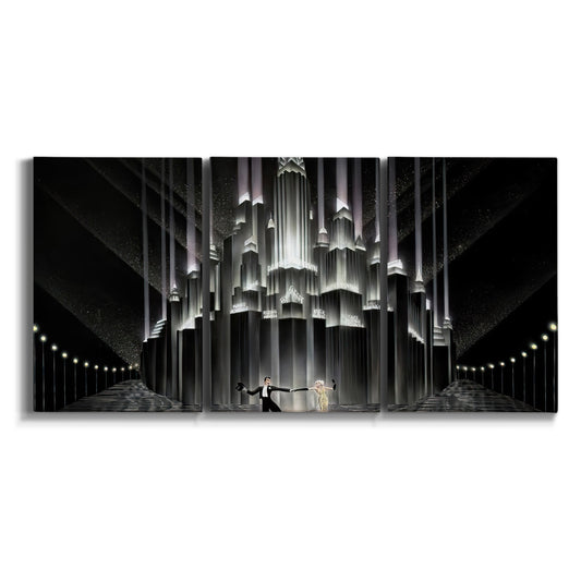 Three-panel canvas wall art featuring vintage city scene with figures on white background.