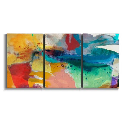 Three-panel canvas wall art featuring layered abstract observational color blocks on white background.