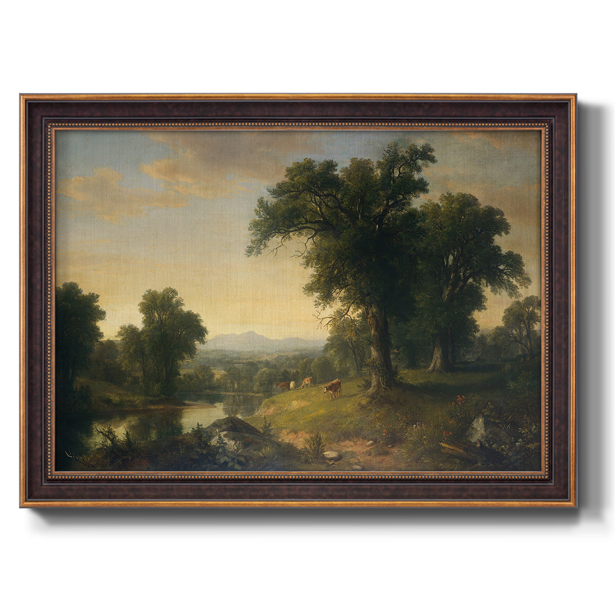 Traditional pastoral landscape painting by Asher Brown Durand printed on canvas in an ornate bronzed mahogany wood frame.