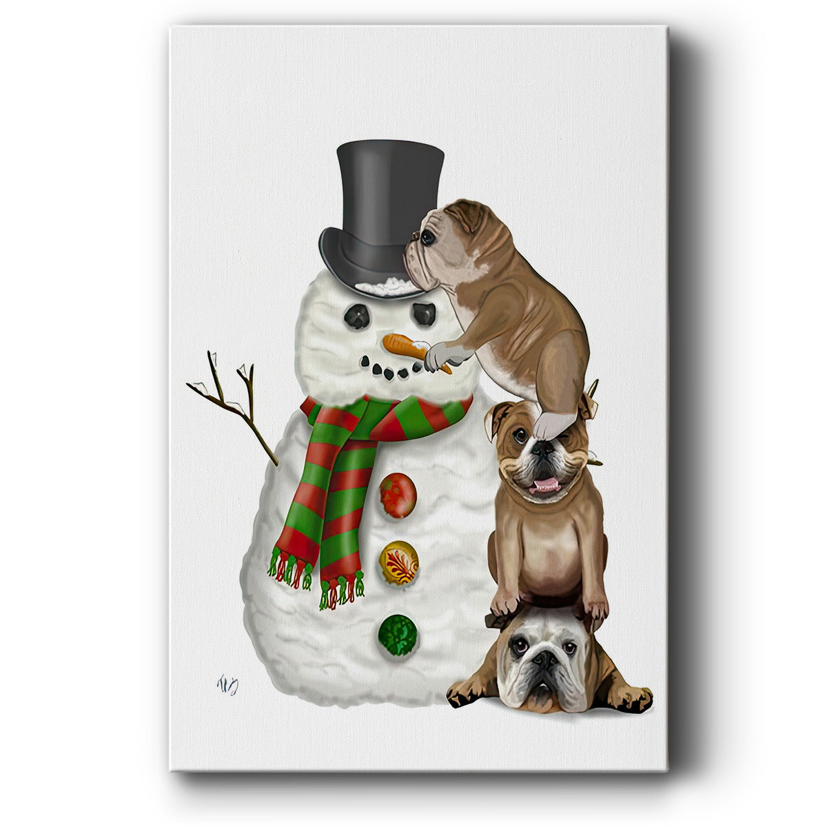 Christmas English Bulldogs Building Snowman - Gallery Wrapped Canvas