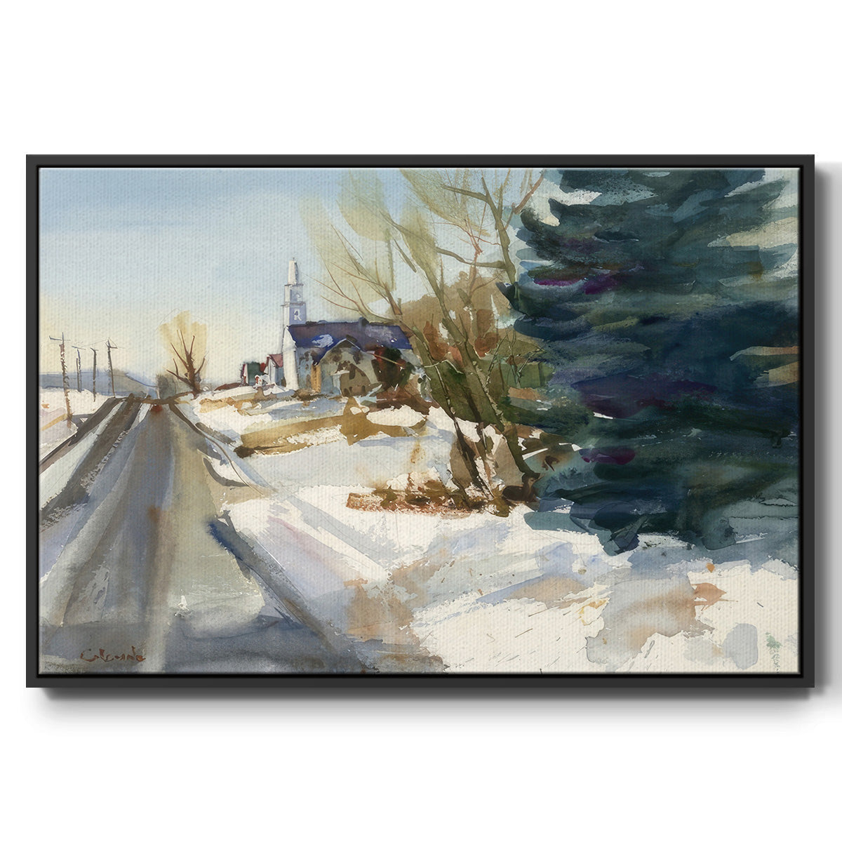 Congregational Church in Winter - Framed Gallery Wrapped Canvas in Floating Frame