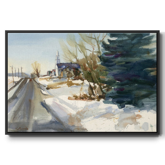 Congregational Church in Winter - Floater Framed Canvas Print