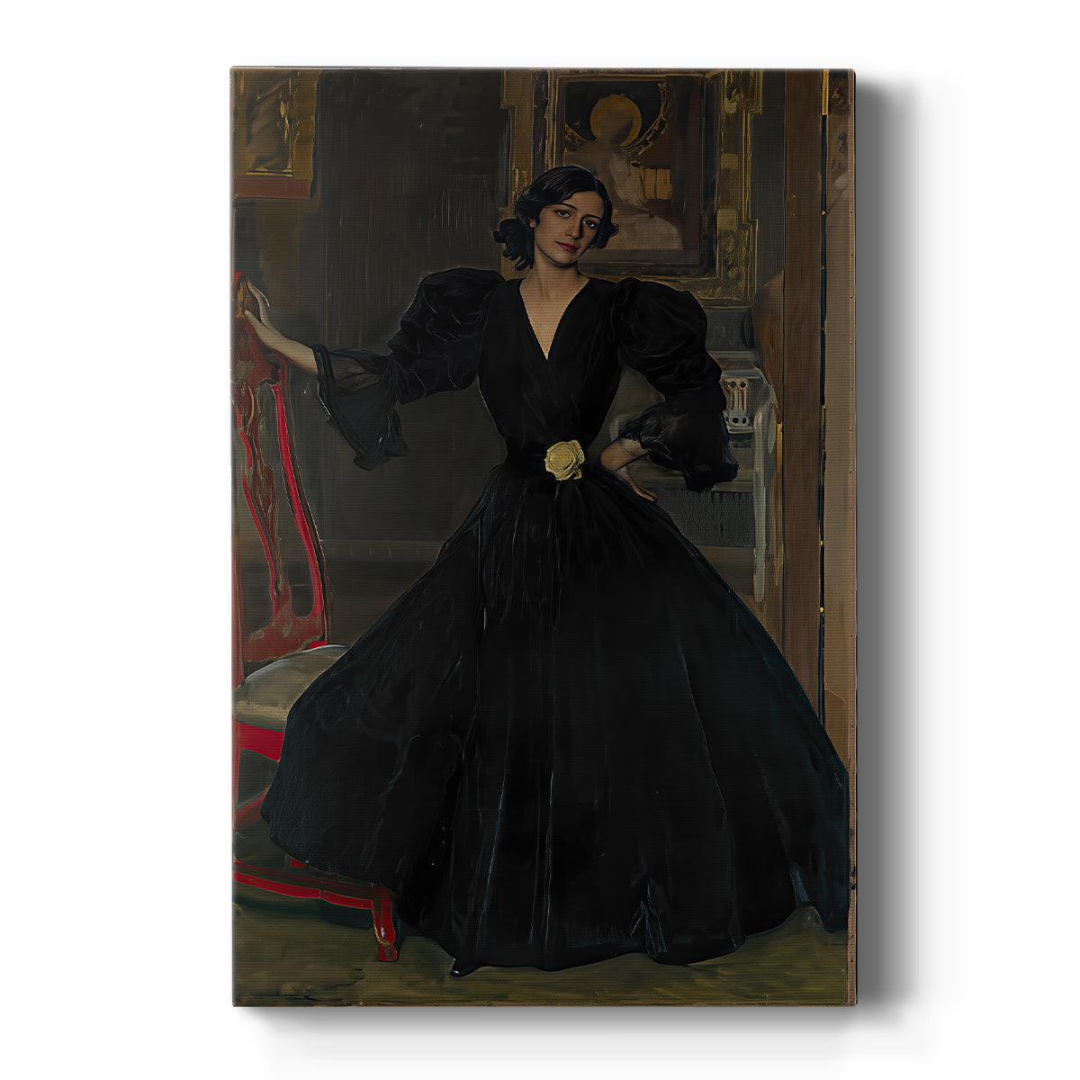Canvas art print featuring an impressionist portrait of a woman in black dress with dramatic contrast on a clean white background.