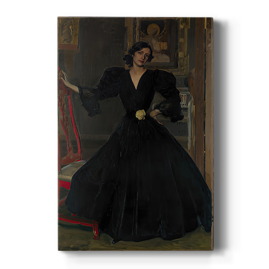 Canvas art print featuring an impressionist portrait of a woman in black dress with dramatic contrast on a clean white background.