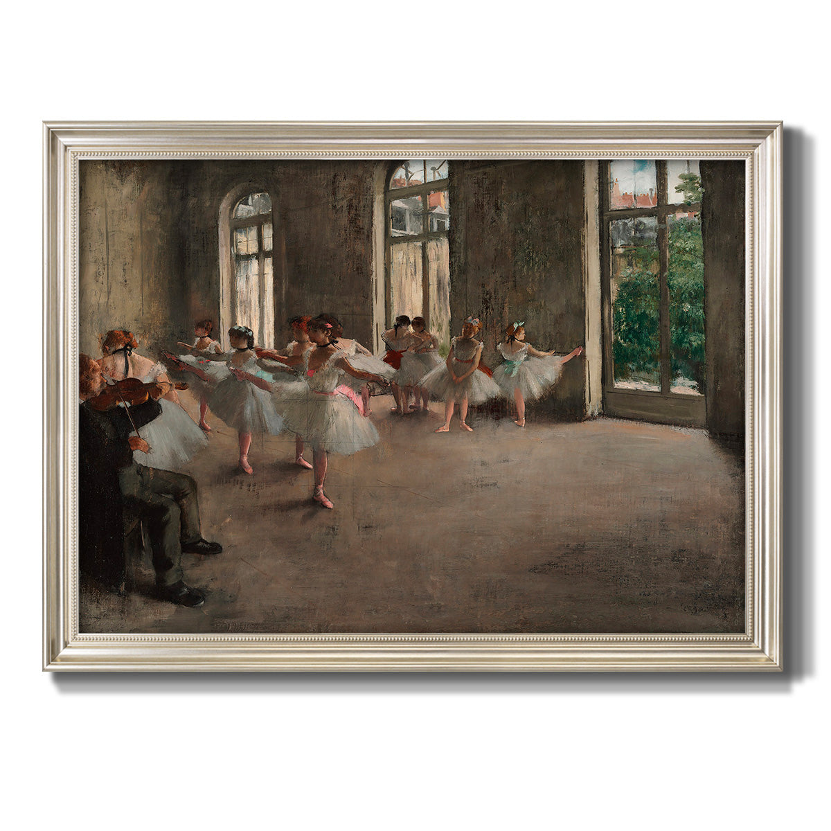 Early impressionist ballet rehearsal painting by Edgar Degas printed on canvas in an ornate champagne frame.