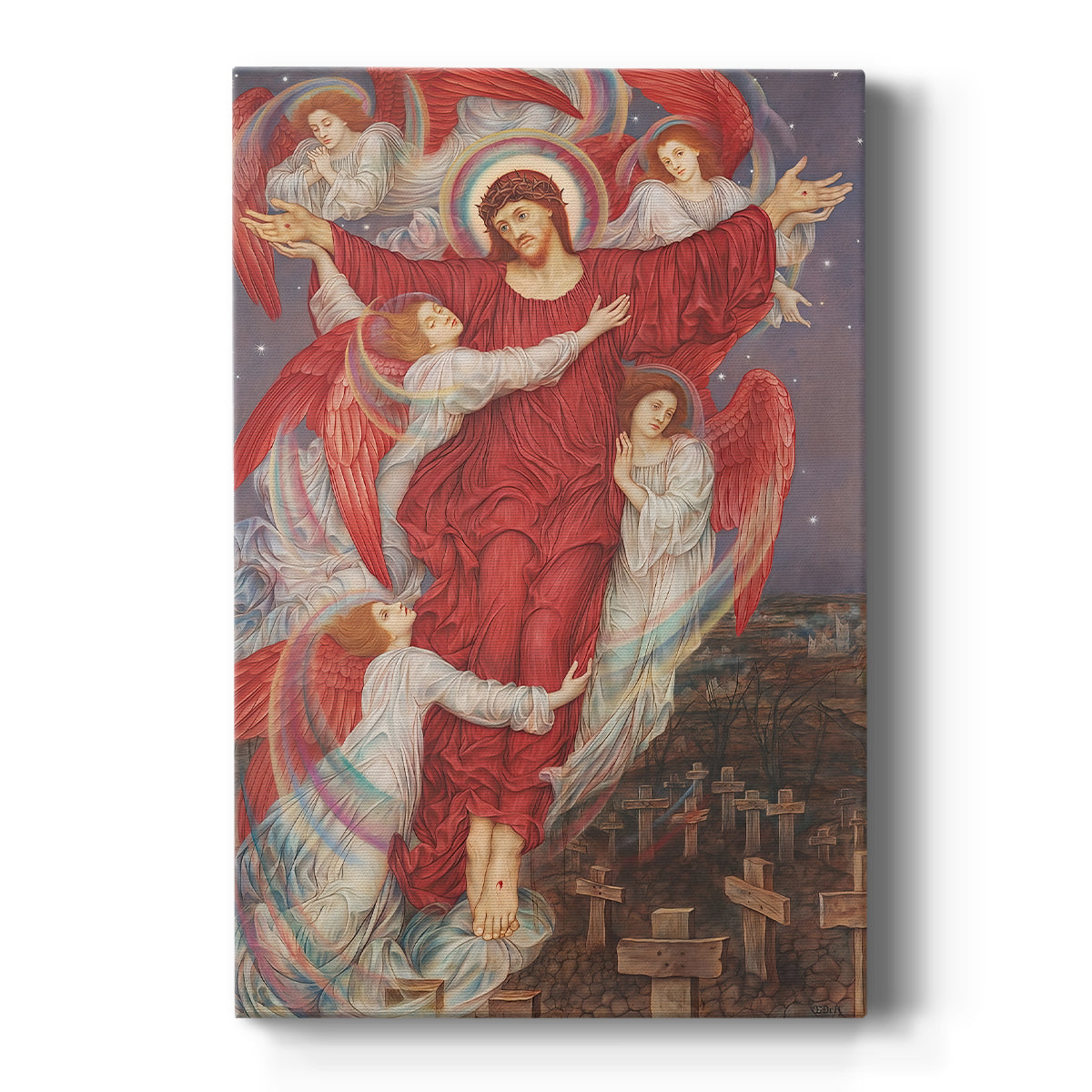 Canvas art print featuring a symbolic scene of a central figure in red with surrounding figures in distress on a clean white background.