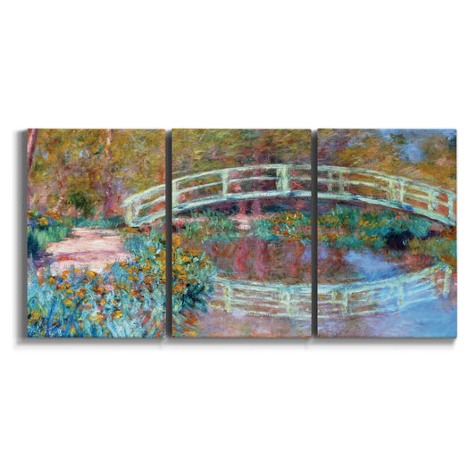 Three-panel canvas wall art featuring water lily pond with reflections on white background.
