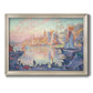 Impressionist Mediterranean harbor painting by Paul Signac printed on canvas in an ornate champagne frame.
