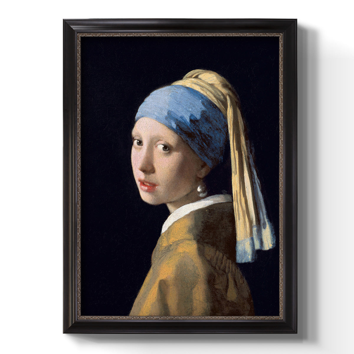Iconic portrait of a girl wearing a pearl earring by Johannes Vermeer printed on canvas in an ornate bronzed mahogany wood frame with a vertical orientation.