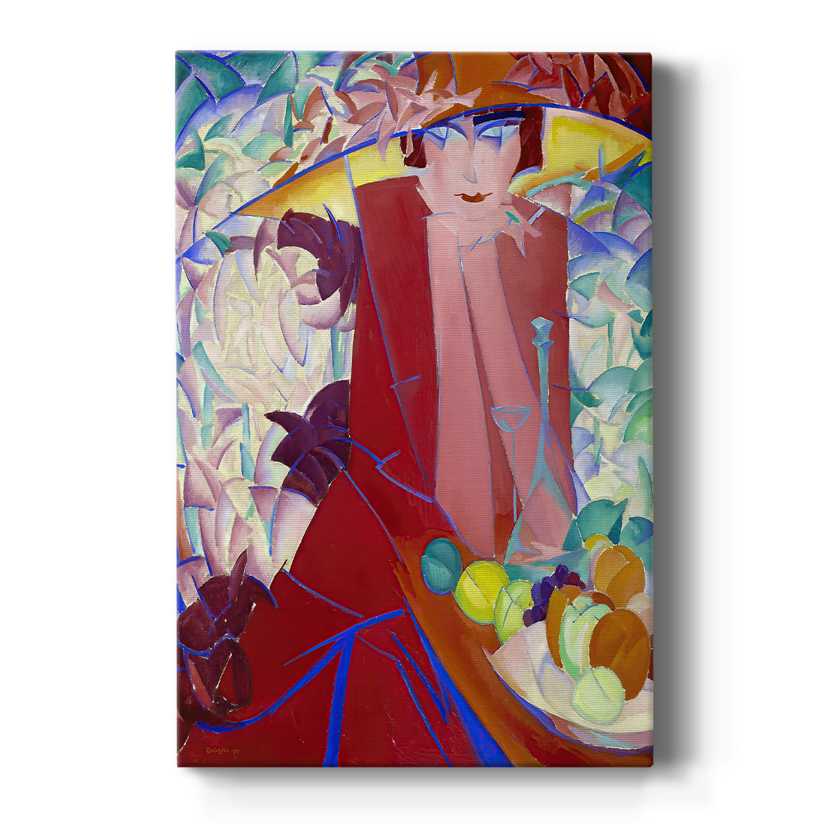 Canvas art print featuring an expressionist portrait of a seated woman with a large hat in a colorful interior on a clean white background.