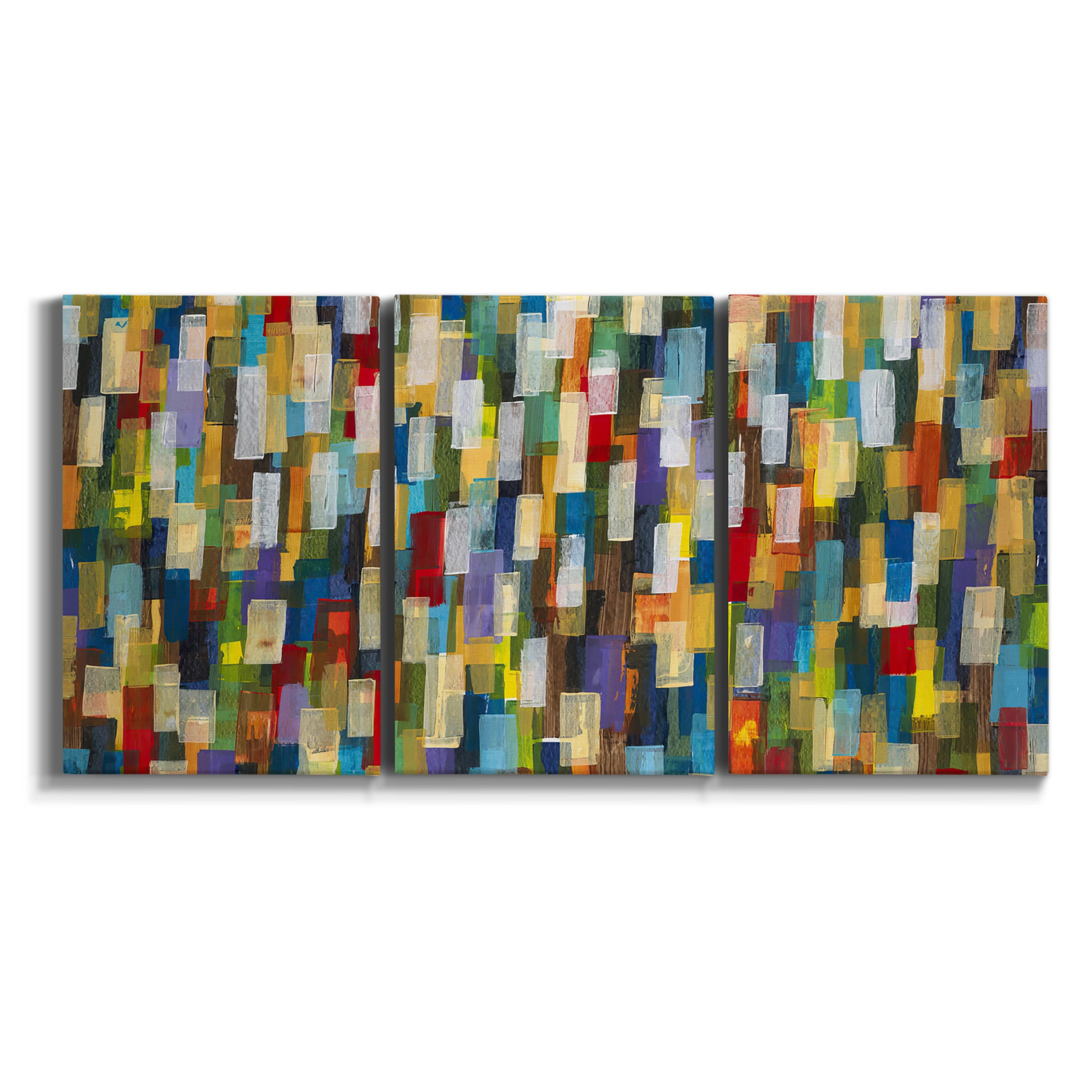 Three-panel canvas wall art featuring colorful confetti style abstraction on white background.