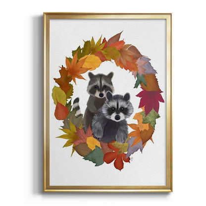 Raccoons Autumn Leaf Wreath - Modern Framed Canvas Print