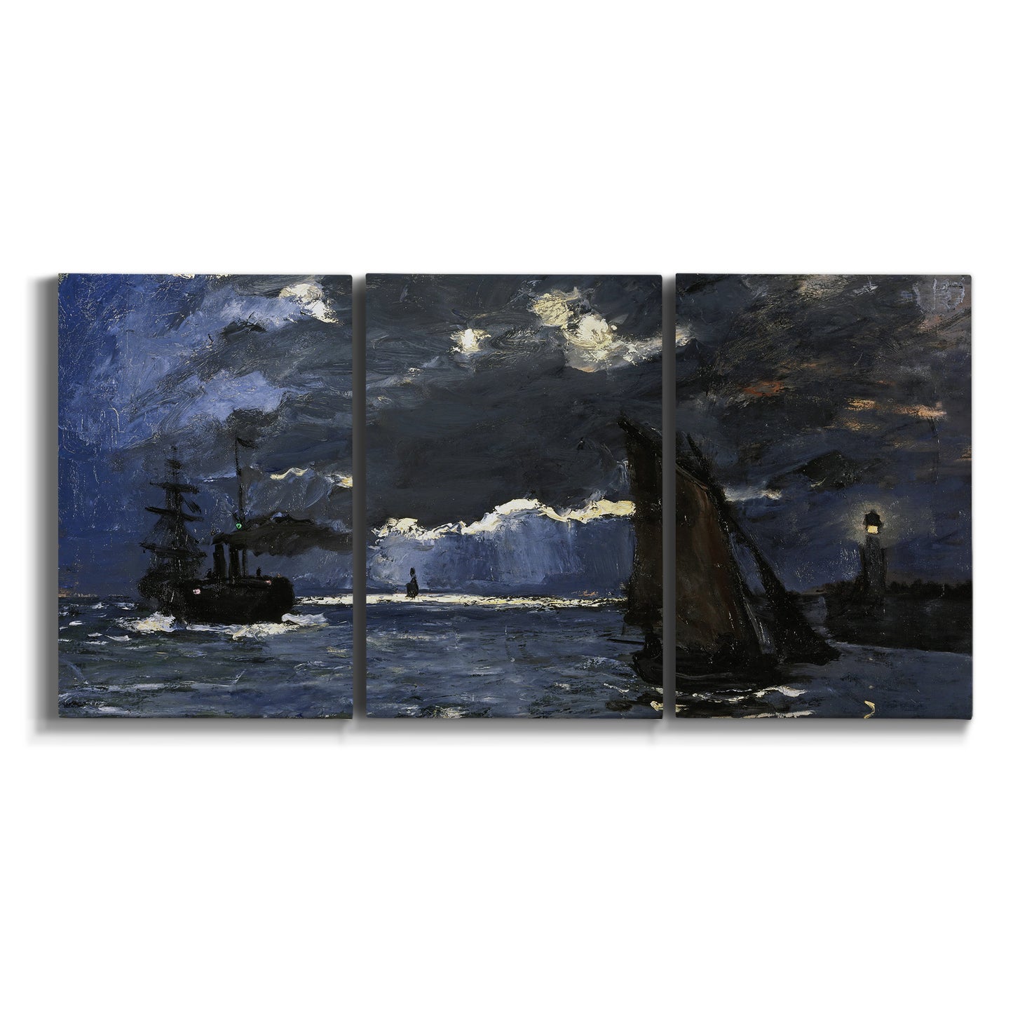 Three-panel canvas wall art featuring dark seascape under night sky on white background.