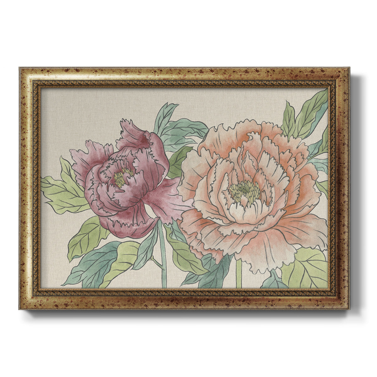 Modern peony floral drawing printed on canvas in an ornate vintage gold frame.