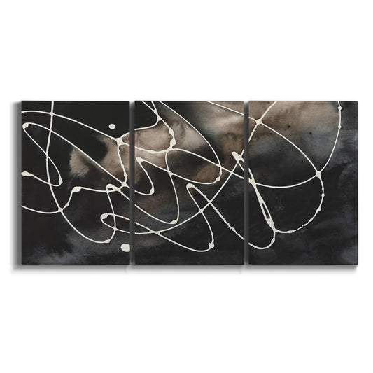 Three-panel canvas wall art featuring dark swirling abstract motion on white background.