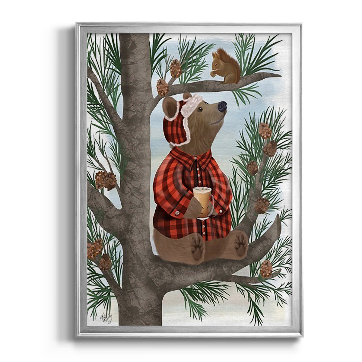 Lumberjack Bear Pine Tree Coffee Break - Modern Framed Canvas Print