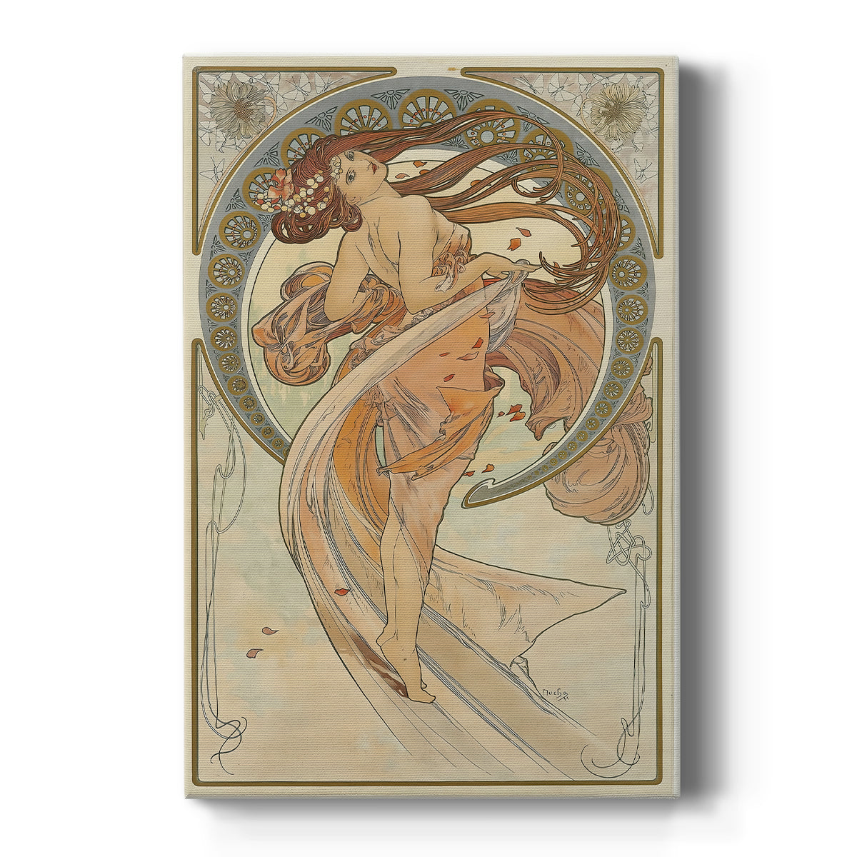 Canvas art print featuring an Art Nouveau illustration of a woman representing dance with flowing movement on a clean white background.