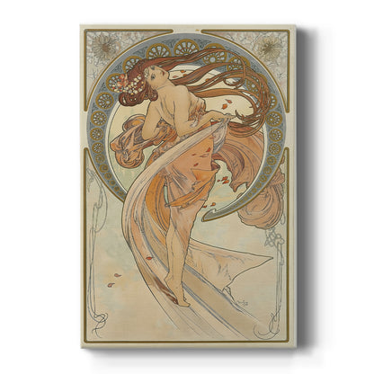 Canvas art print featuring an Art Nouveau illustration of a woman representing dance with flowing movement on a clean white background.