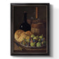 Realist still life with figs and bread by Luis Meléndez printed on canvas in an ornate black frame with gilded inner detail with a vertical orientation.