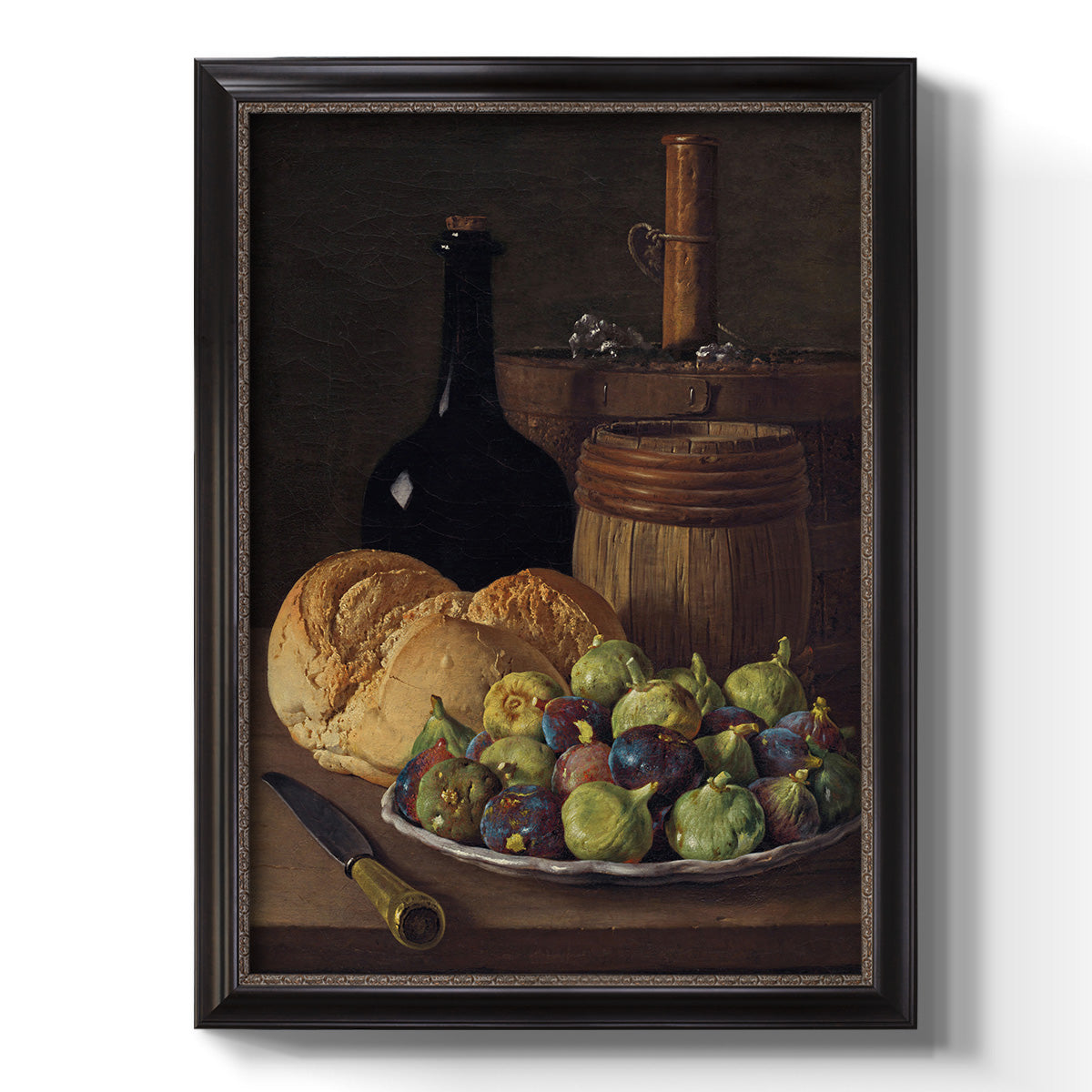 Realist still life with figs and bread by Luis Meléndez printed on canvas in an ornate black frame with gilded inner detail with a vertical orientation.