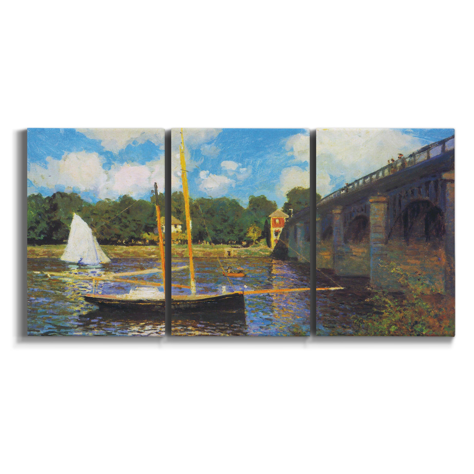Three-panel canvas wall art featuring bridge crossing river landscape on white background.