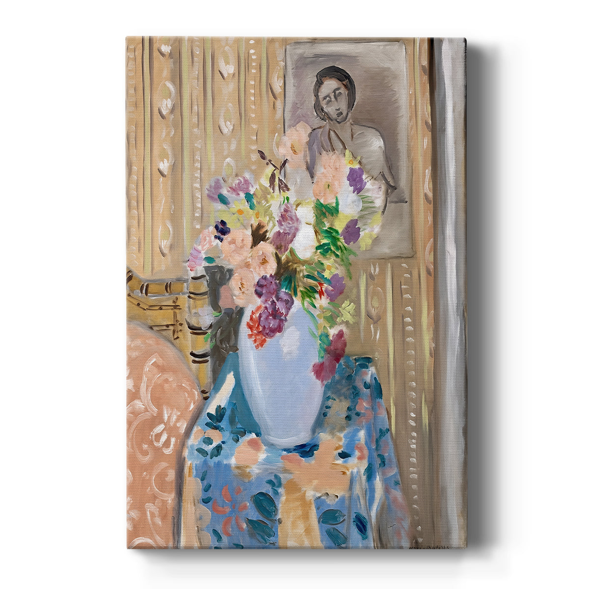 Canvas art print featuring a fauvist still life of flowers placed before a framed portrait with bold color on a clean white background.