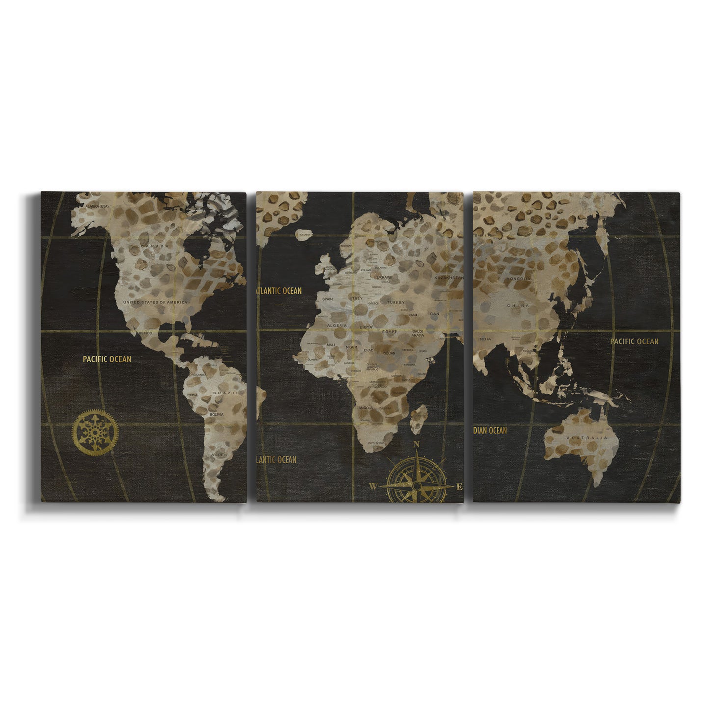 Three-panel canvas wall art featuring illustrated safari world map on white background.