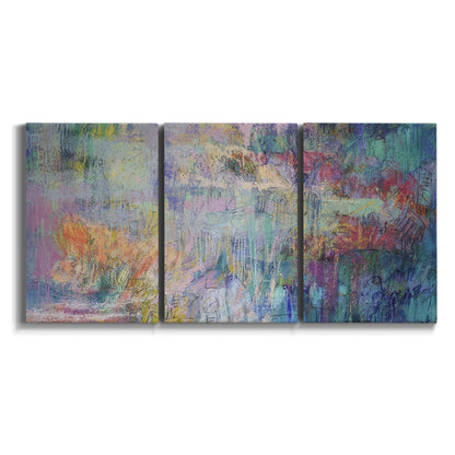 Three-panel canvas wall art featuring abstract evening landscape with depth on white background.