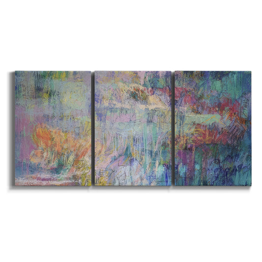 Three-panel canvas wall art featuring abstract evening landscape with depth on white background.