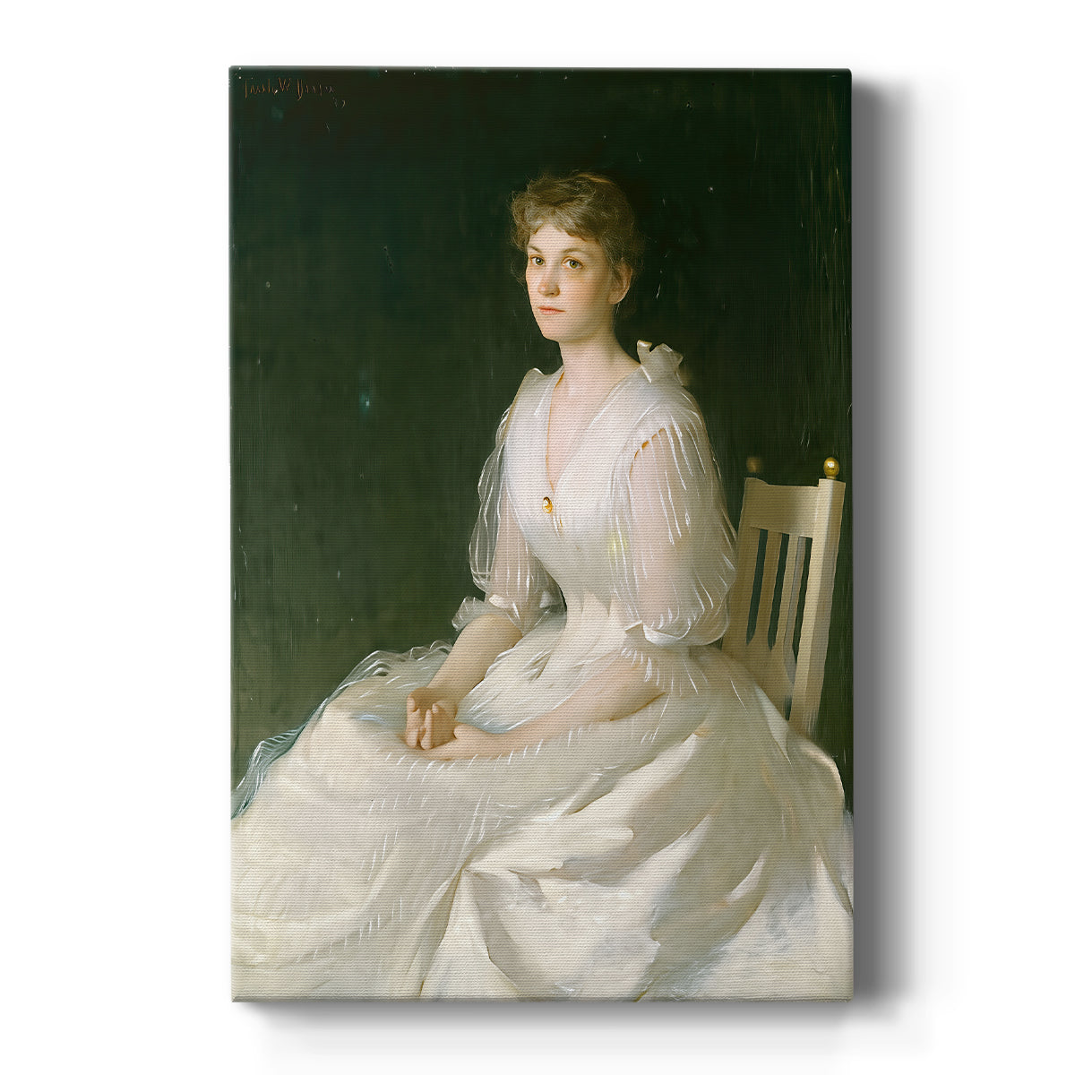 Canvas art print featuring an impressionist portrait of a seated woman in white with soft light on a clean white background.
