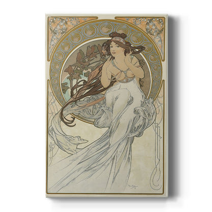 Canvas art print featuring an Art Nouveau illustration of a woman representing music with ornate details on a clean white background.