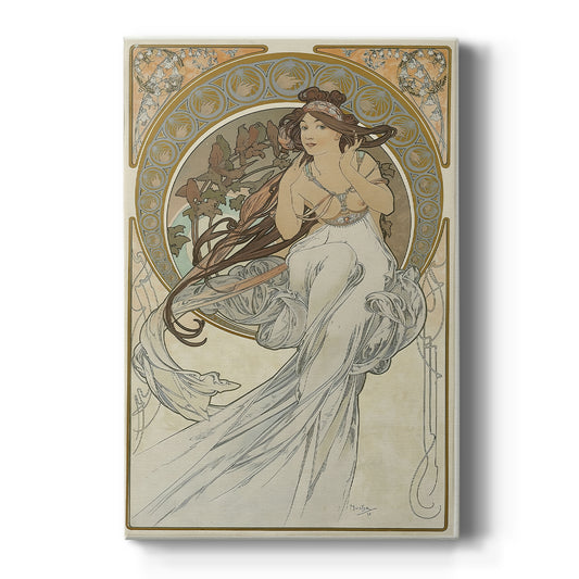 Canvas art print featuring an Art Nouveau illustration of a woman representing music with ornate details on a clean white background.