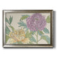Contemporary peony flower illustration printed on canvas in an ornate mottled silver frame.