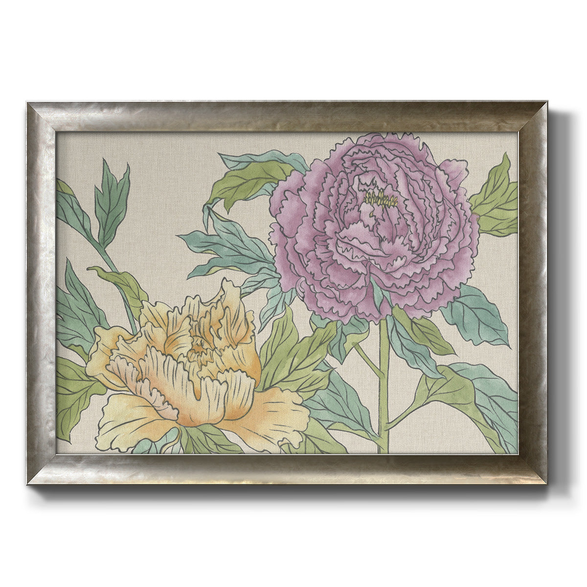 Contemporary peony flower illustration printed on canvas in an ornate mottled silver frame.