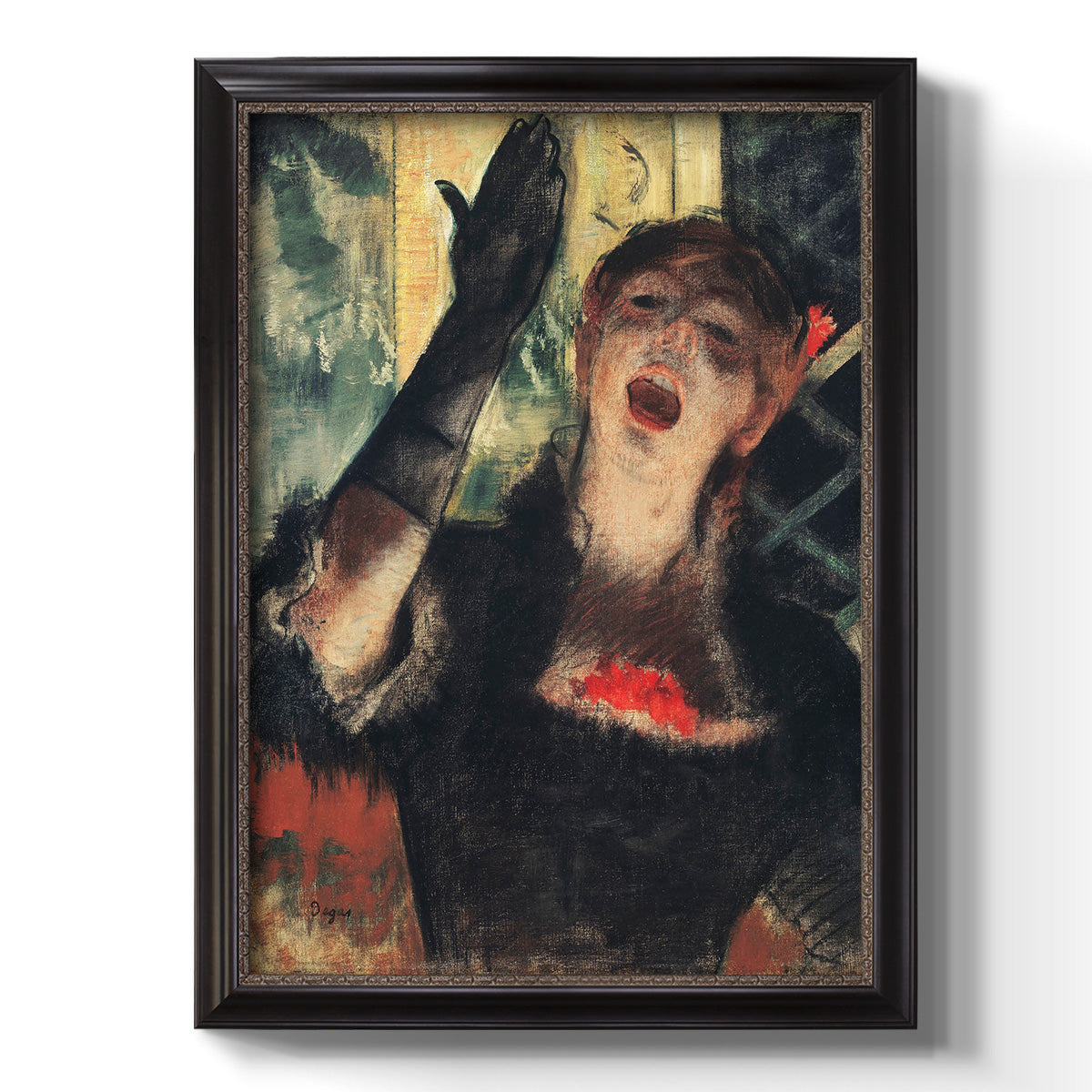 Impressionist portrait of a café singer by Edgar Degas printed on canvas in an ornate bronzed mahogany wood frame with a vertical orientation.