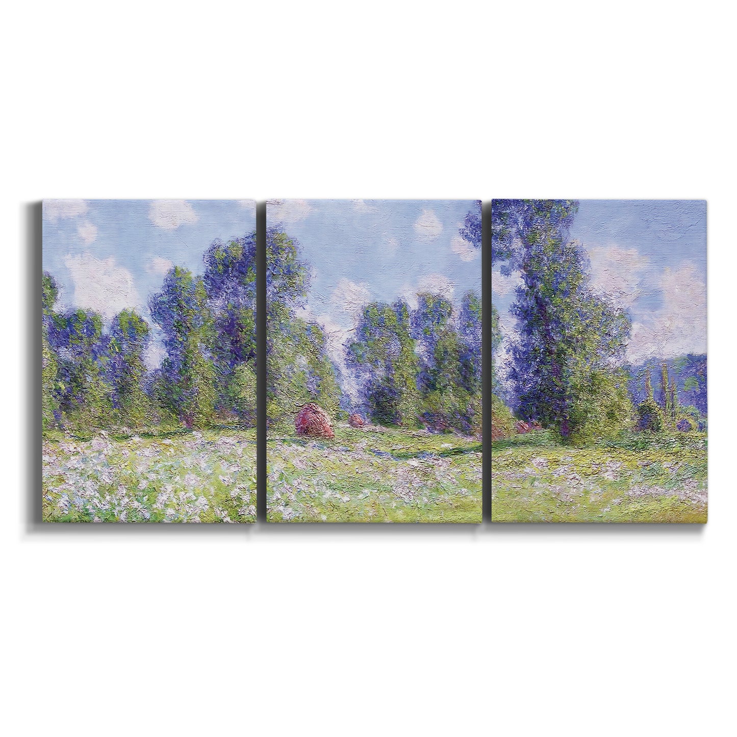 Three-panel canvas wall art featuring poppy field near garden village on white background.