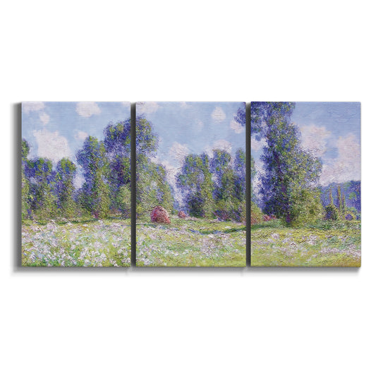 Three-panel canvas wall art featuring poppy field near garden village on white background.