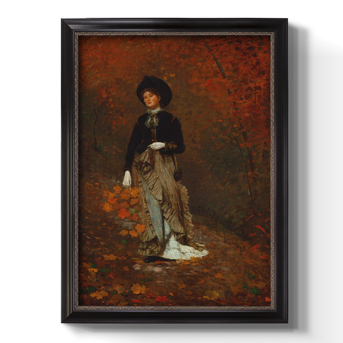 Realist autumn portrait scene by Winslow Homer printed on canvas in an ornate bronzed mahogany wood frame with a vertical orientation.