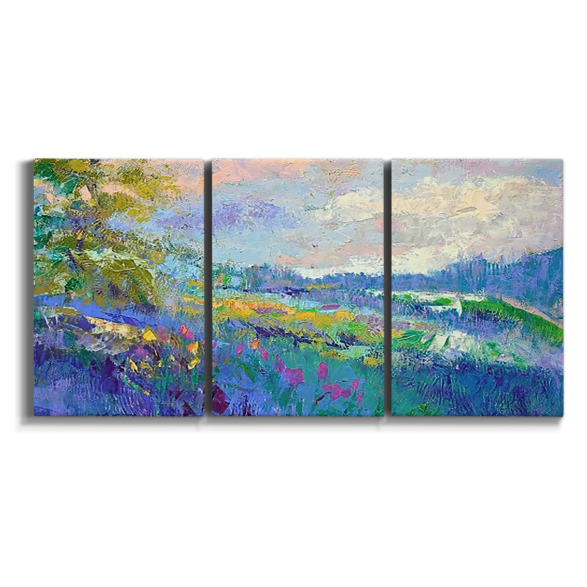 Three-panel canvas wall art featuring cheerful landscape under open sky on white background.
