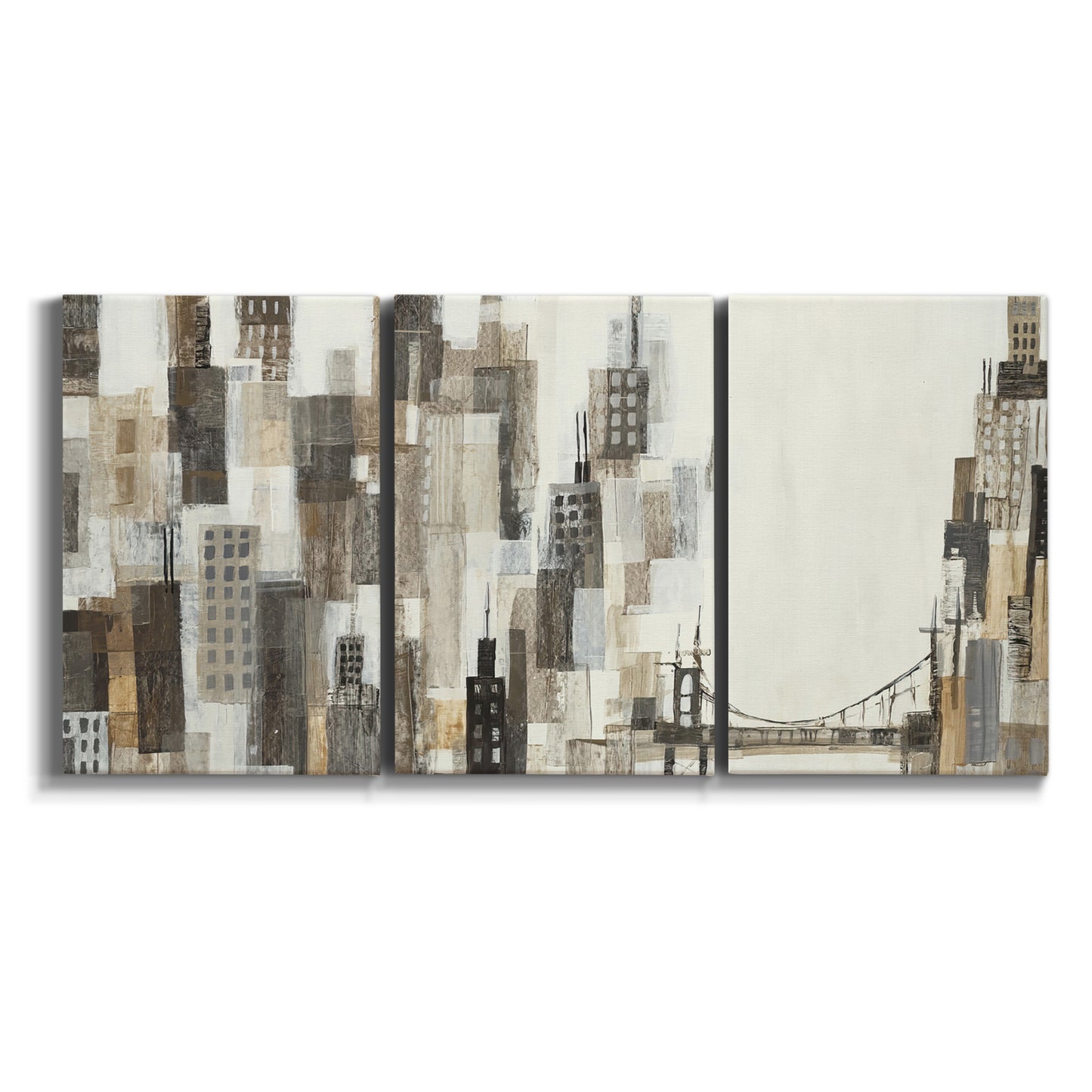 Three-panel canvas wall art featuring abstract harbor inspired composition on white background.