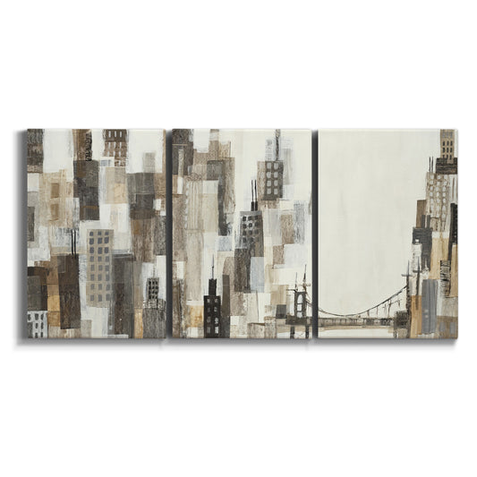 Three-panel canvas wall art featuring abstract harbor inspired composition on white background.