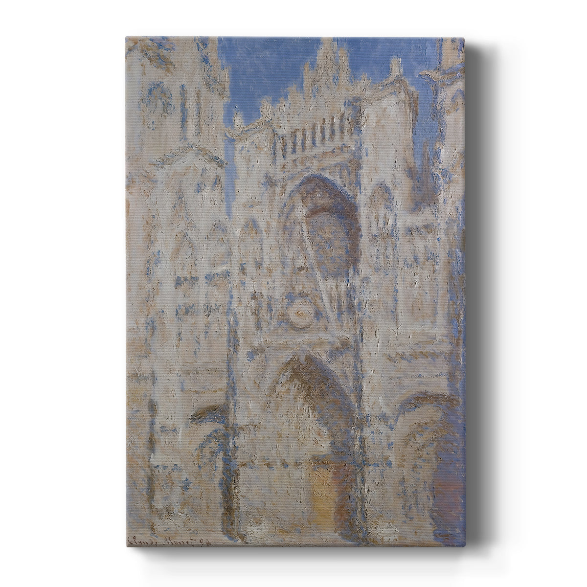 Canvas art print featuring an impressionist view of a cathedral façade in shifting sunlight on a clean white background.